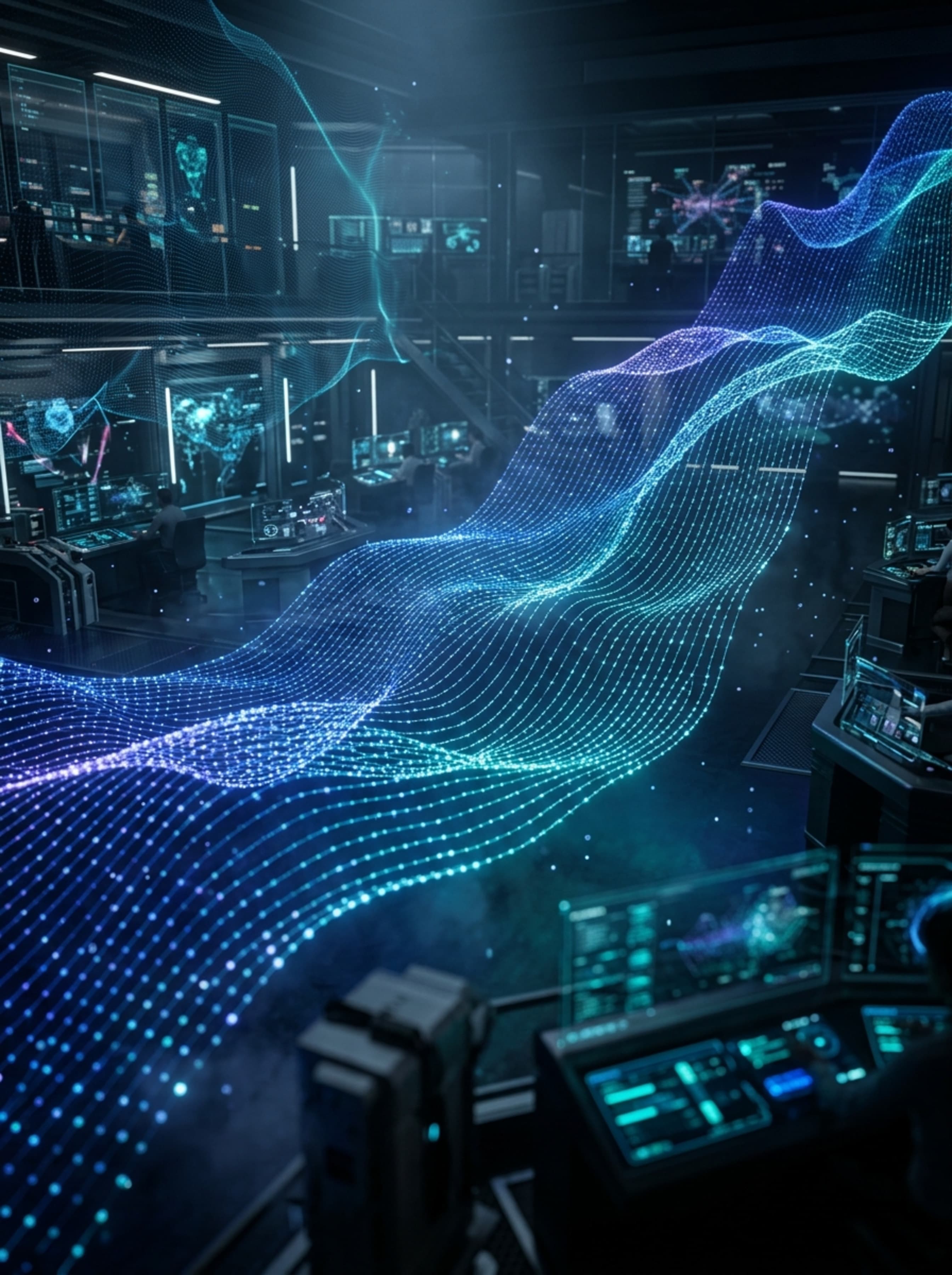 Dark integrated operations center with live signal waves and connected data surfaces
