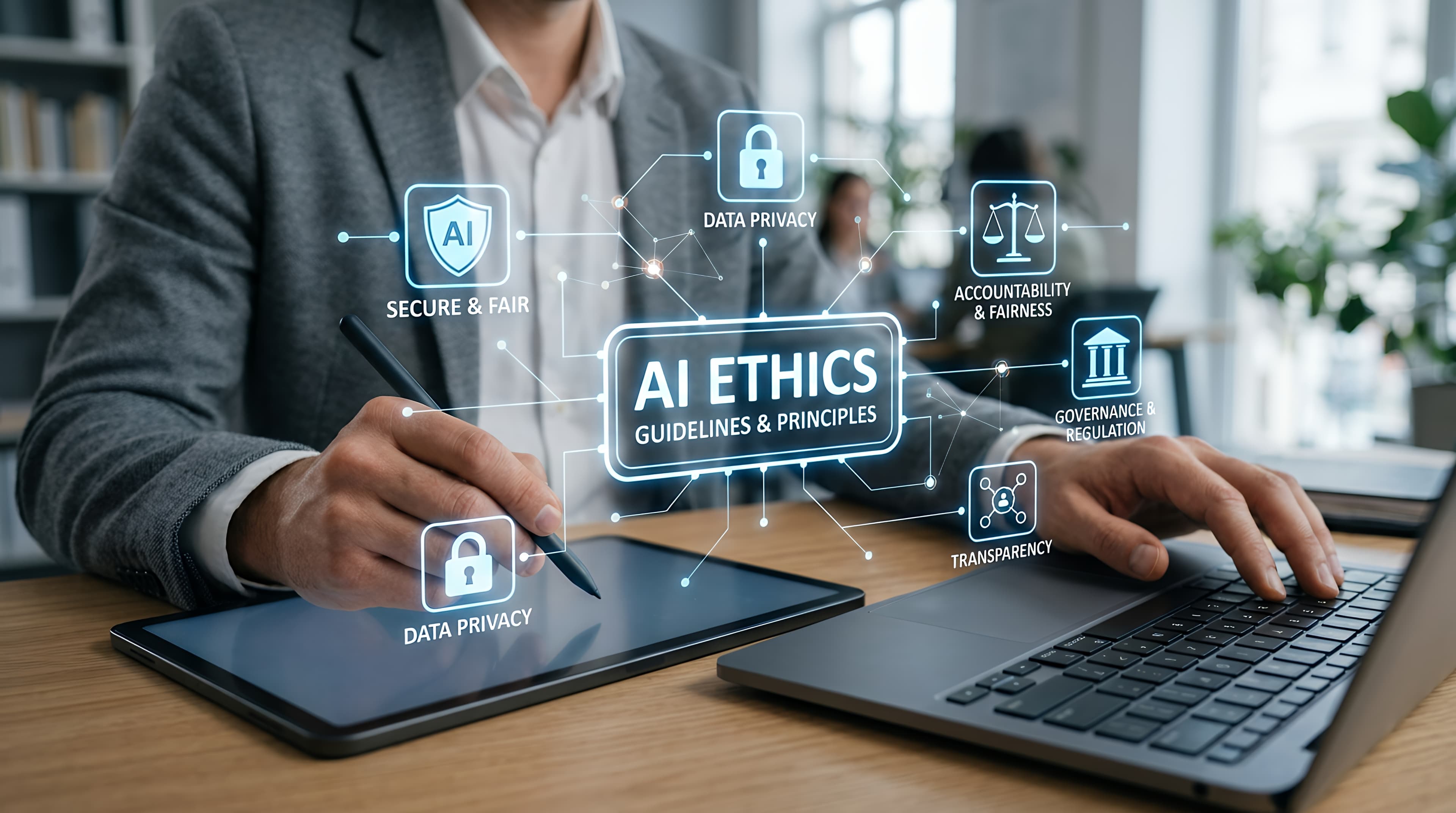 AI ethics and governance interface showing privacy, accountability, security, and responsible AI controls