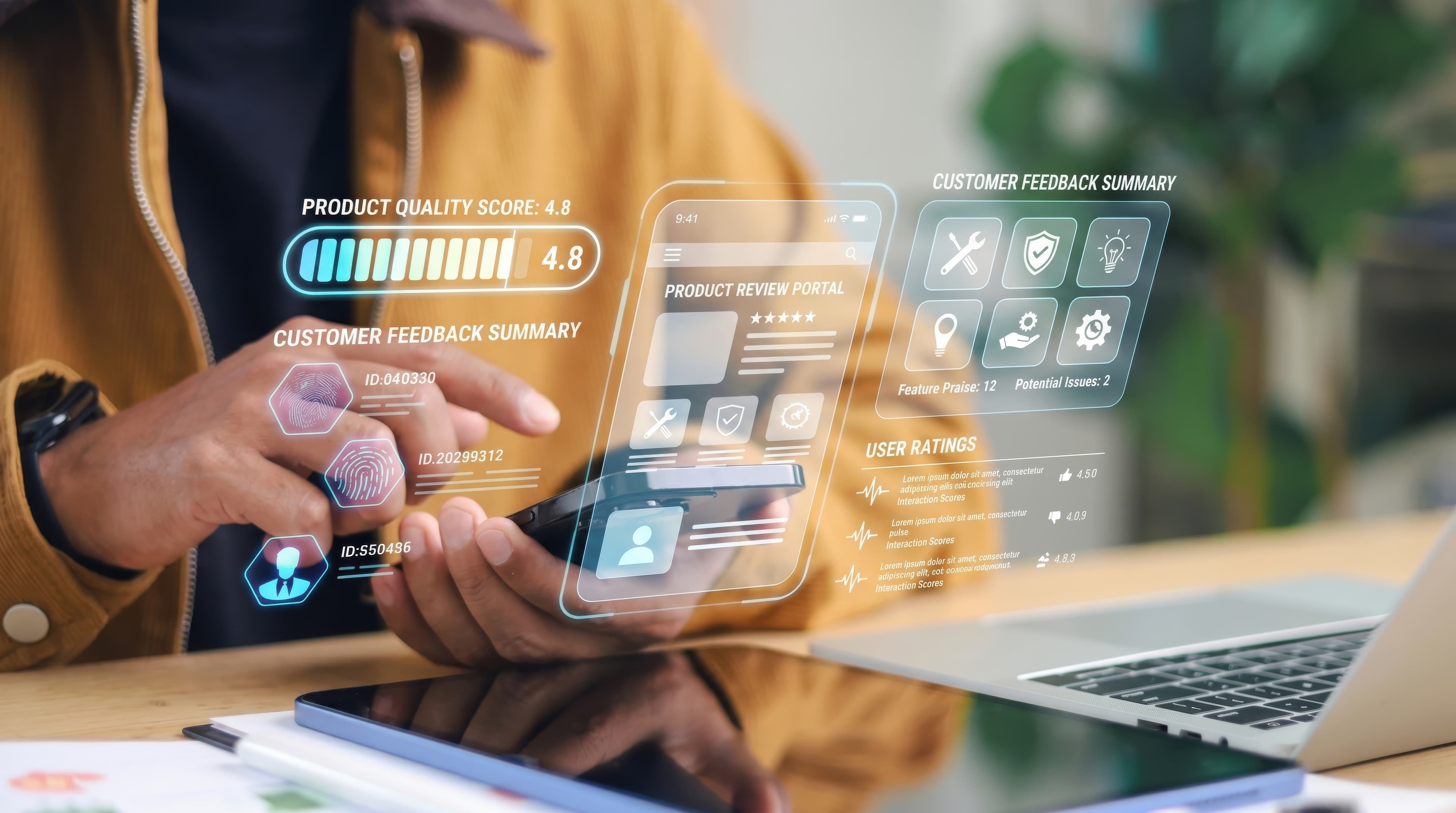 App and portal development interface with client portal screens, dashboards, and mobile access