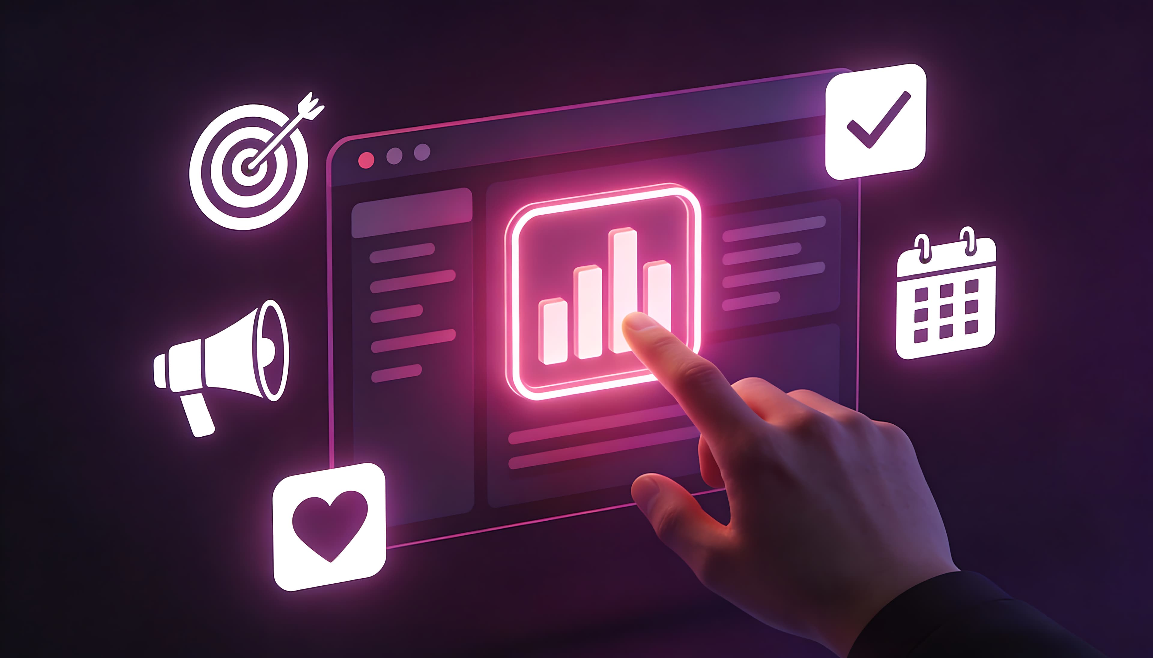 Dark content marketing and campaign dashboard with publishing, ads, audience, and revenue signals