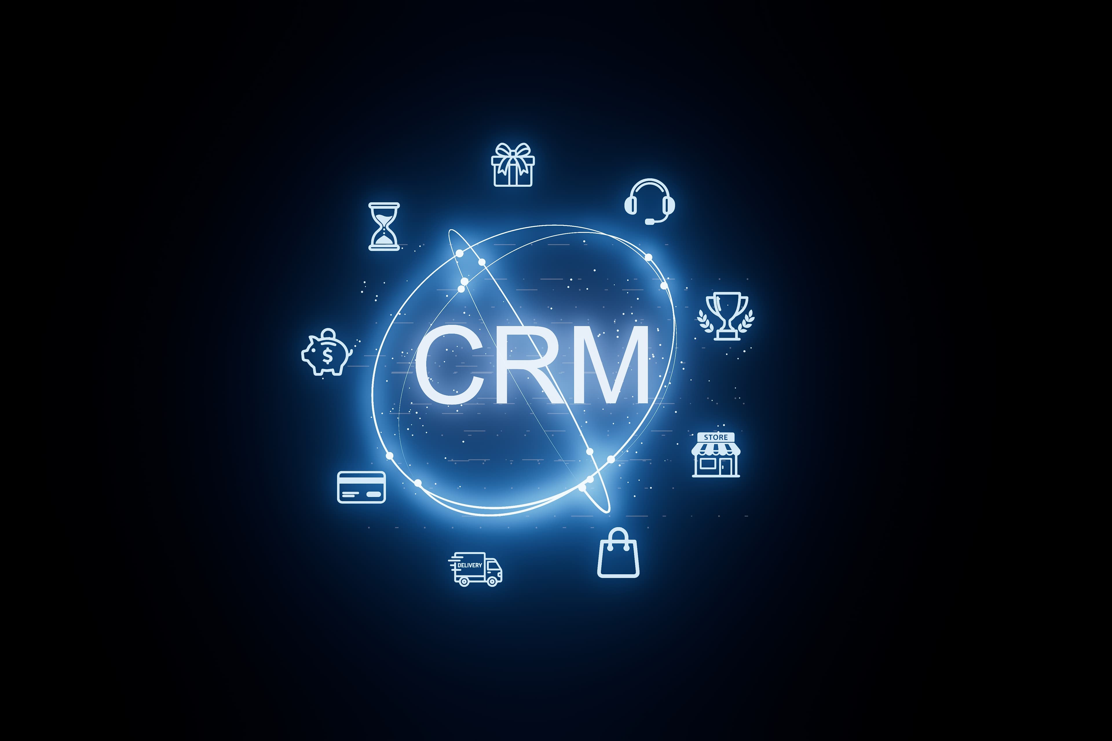 Dark CRM and revenue operations interface with glowing customer, sales, support, and pipeline icons